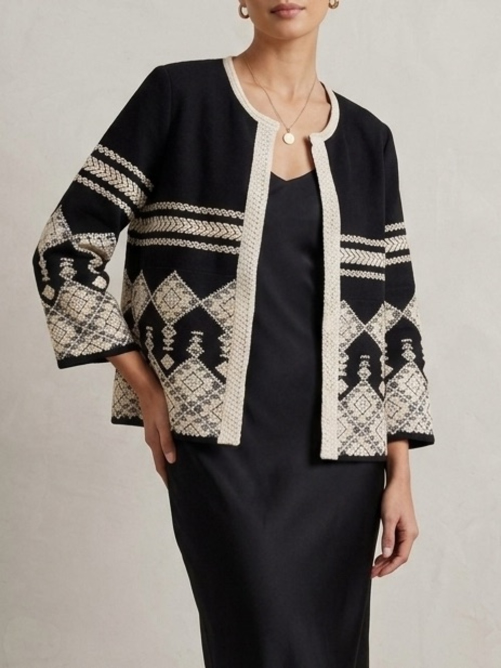 Sacred Threads Black Boho Embroidered Open Front Jacket S/M Like New